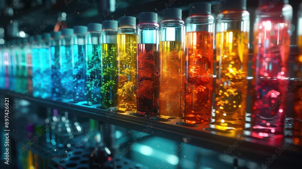 Realistic lab setup with test tubes in racks filled with colorful chemicals precise and clear image quality. Laboratory. Realistic lab setup with test tubes in racks filled with colorful chemicals precise and clear image quality. Laboratory.