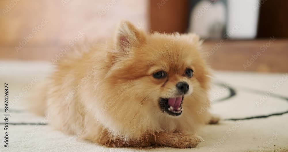 A Pomeranian Spitz puppy lies on the carpet in the living room and eats a treat that the owner gave him for good execution of commands. The dog eats a bone and chews it funny with his mouth open. A Pomeranian Spitz puppy lies on the carpet in the living room and eats a treat that the owner gave him for good execution of commands. The dog eats a bone and chews it funny with his mouth open.