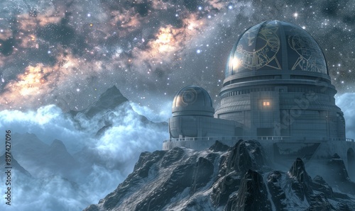 Puzzling observatory atop misty mountains, telescopes aimed at distant galaxies. Cryptic symbols adorn the domed ceiling, cosmic riddles in starlight