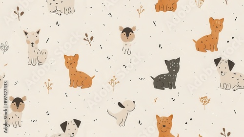 An illustrator design of a minimal puppy pattern, soft pastel colors, with free space for text on the right side, near a subtle gradient background