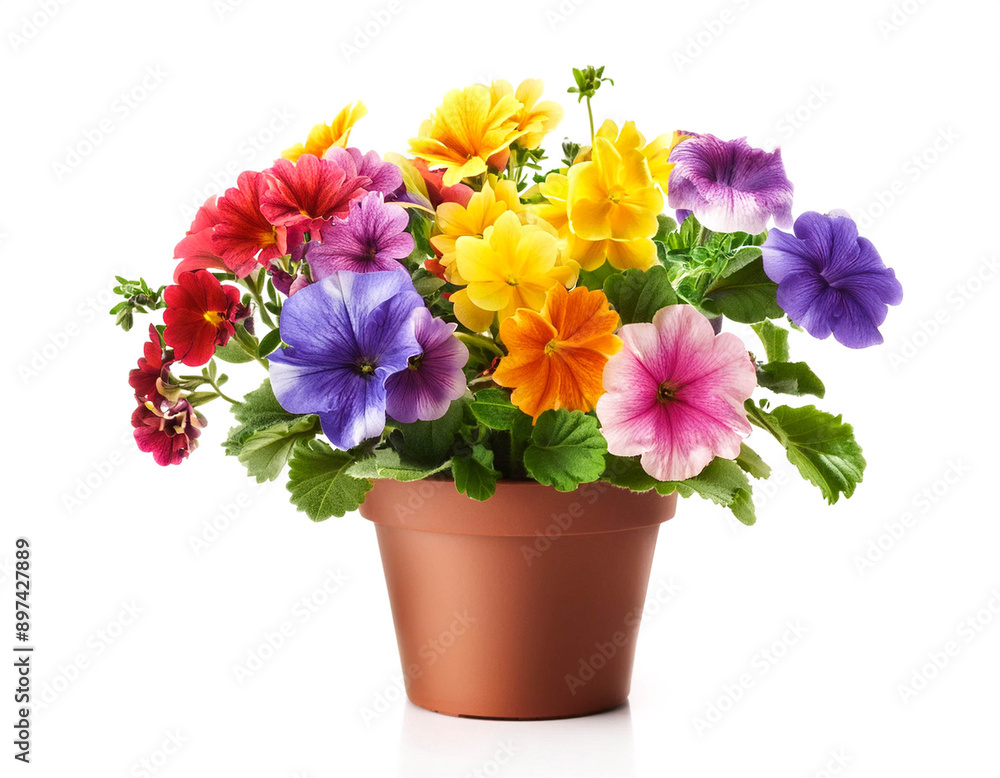 bunte Blumen im Blumentopf, isoliert auf weißem Hintergrund, Freisteller bunte Blumen im Blumentopf, isoliert auf weißem Hintergrund, Freisteller