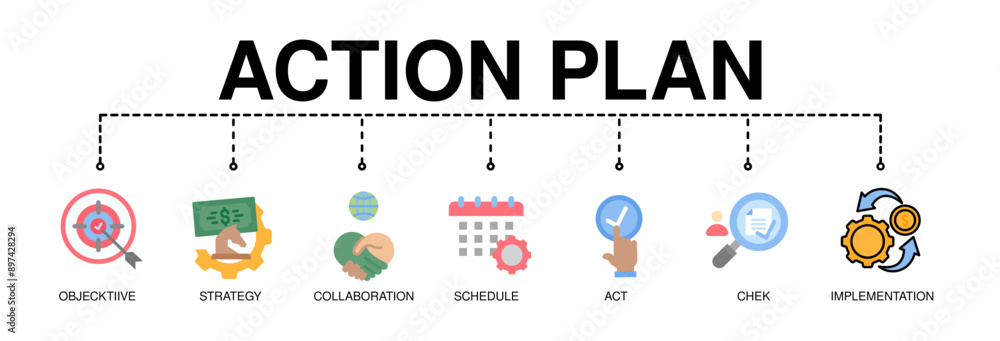 Fototapeta premium Action plan banner web icon for business and marketing. objective, strategy, Collaboration, Schedule, Plan and implementation