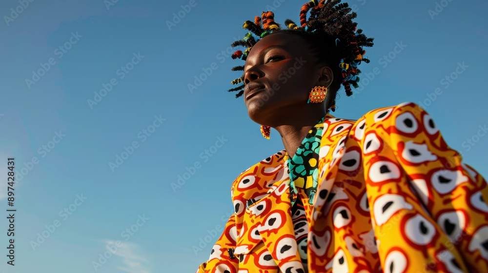 A person showcasing a vibrant and eccentric fashion style is adorned in an orange patterned suit with lively and colorful details against a blue sky backdrop, exuding confidence. A person showcasing a vibrant and eccentric fashion style is adorned in an orange patterned suit with lively and colorful details against a blue sky backdrop, exuding confidence.