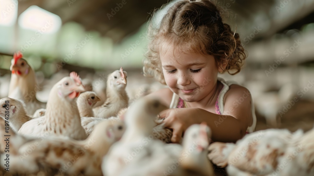 A smiling young girl is surrounded by white chickens in a barn, depicting joy and a deep connection with nature and animals in a friendly and happy farm environment. A smiling young girl is surrounded by white chickens in a barn, depicting joy and a deep connection with nature and animals in a friendly and happy farm environment.