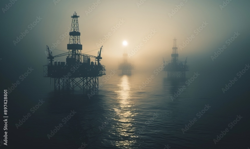 Shadowed outlines of oil rigs against a dim horizon, underscoring the stark visual impact of fossil fuel extraction on marine ecosystems Shadowed outlines of oil rigs against a dim horizon, underscoring the stark visual impact of fossil fuel extraction on marine ecosystems