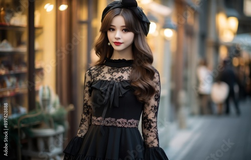 close up portrait of young pretty Asian woman walking on city street, long hair woman wearing gothic lace dress 