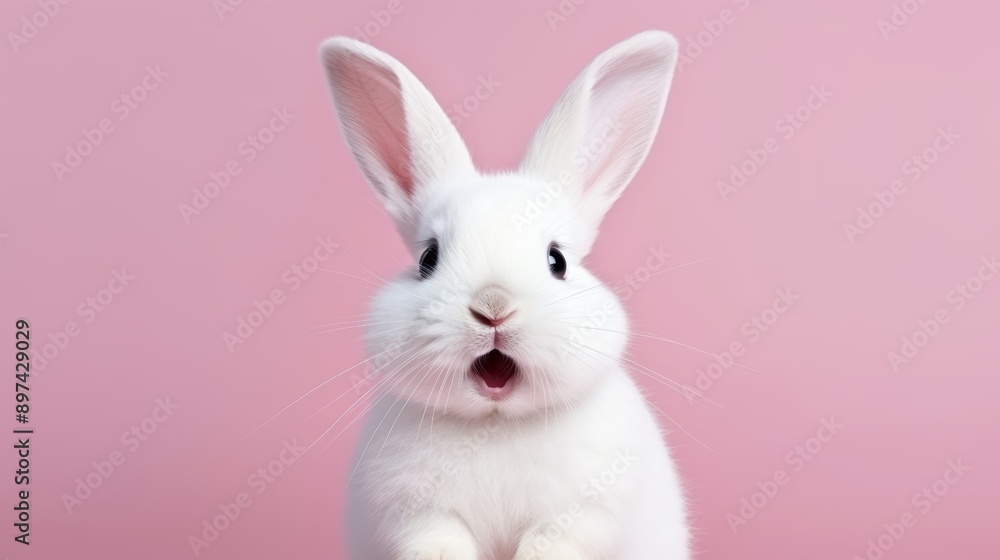 Obraz premium cute animal pet rabbit or bunny white color smiling and laughing isolated with copy space for easter background, rabbit, animal, pet, cute, fur, ear, mammal, background, celebration, generate by AI