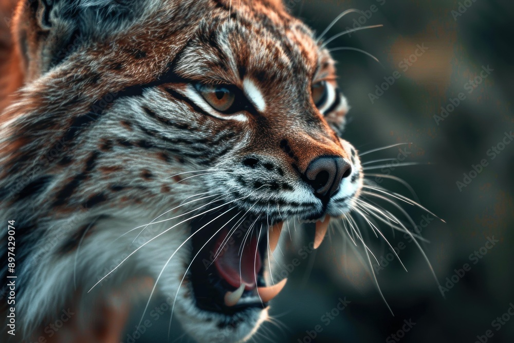 Fototapeta premium Eurasian lynx baring its teeth showing sharp canine teeth