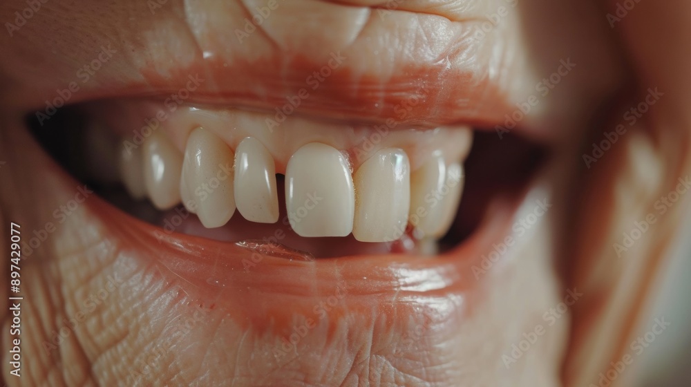 Obraz premium Dental Care. close up mouth senior or adult, Healthy Smile Elderly show beautiful of teeth, confident in orthodontics, advertising, white teeth, online plating, dentures, dental implants,.