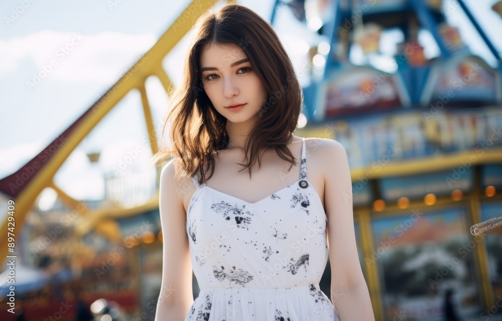 close up portrait of young pretty Asian woman at amusement park, woman wearing white cotton dress close up portrait of young pretty Asian woman at amusement park, woman wearing white cotton dress