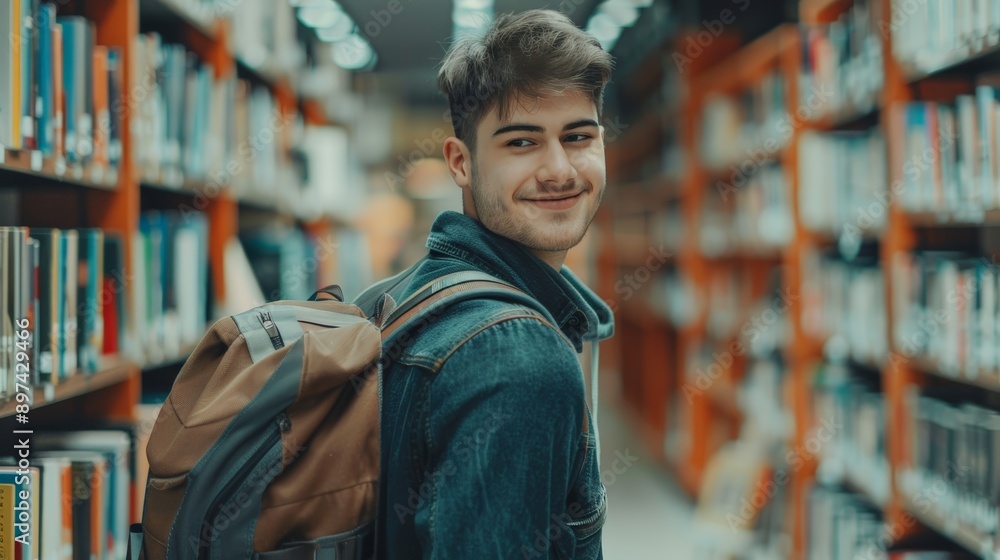 Handsome Smile student man with backpack and books in library, education, university, cheerful, college, happy, standing, school, backpack, attractive, enjoyment, confidence