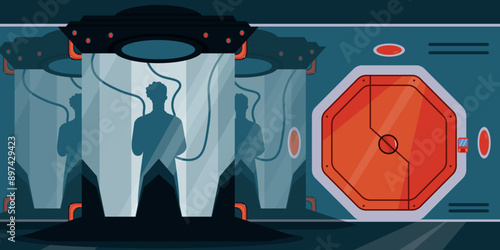 Vector illustration of a futuristic spaceship interior with cryogenic containers for astronauts.Cartoon scene, inside a beautiful and modern spaceship, cryogenic capsules with people, space aliens.