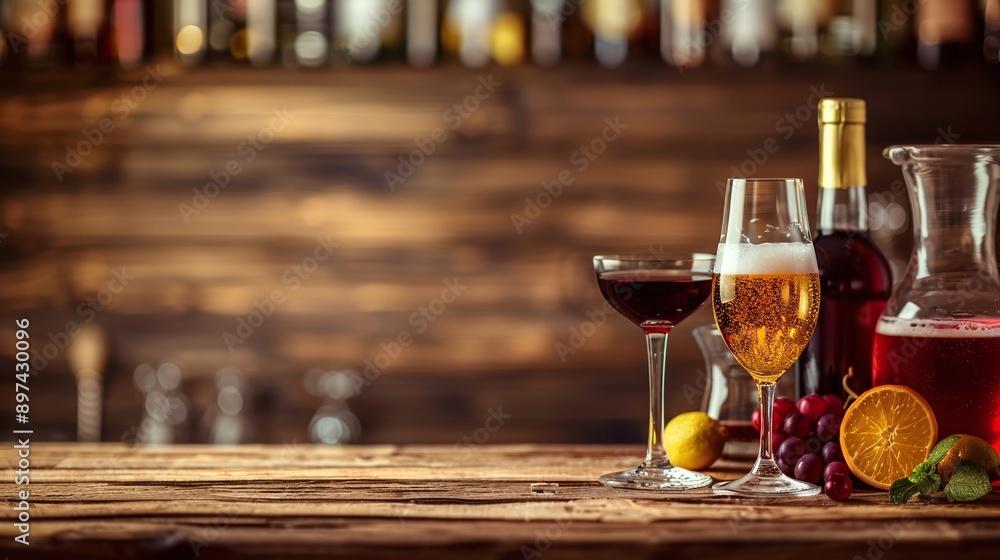 Different alcohol drinks on table in bar. with copy space image. Place for adding text or design Different alcohol drinks on table in bar. with copy space image. Place for adding text or design