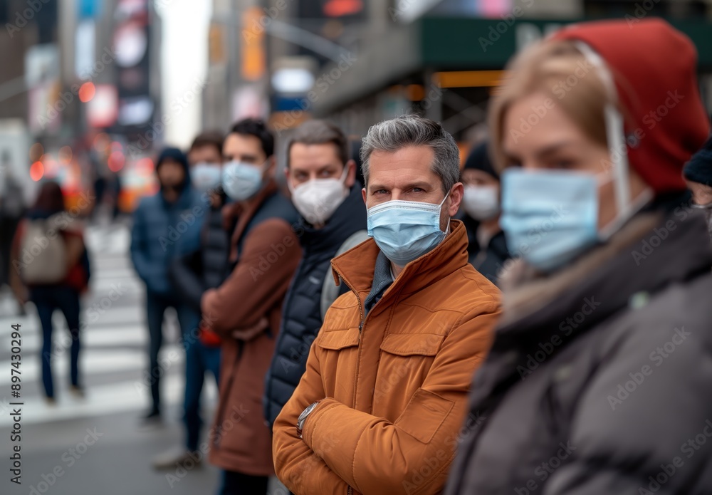 A diverse group of people wearing masks stand in a city street, practicing social distancing during the pandemic. A diverse group of people wearing masks stand in a city street, practicing social distancing during the pandemic.