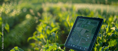 Close-up view of a tablet displaying agricultural analytics photo