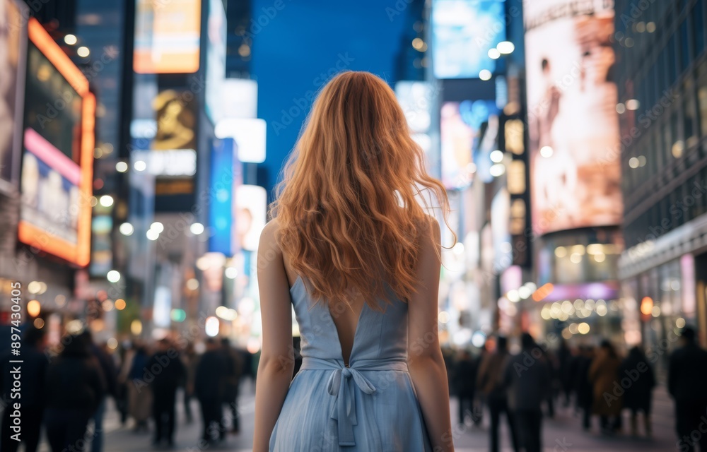 close up portrait of young pretty Asian woman walking on city street, woman wearing blue sexy dress close up portrait of young pretty Asian woman walking on city street, woman wearing blue sexy dress