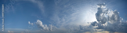 Russia, south of Western Siberia. Panoramic view of the evening sky with the setting sun and colorful clouds.