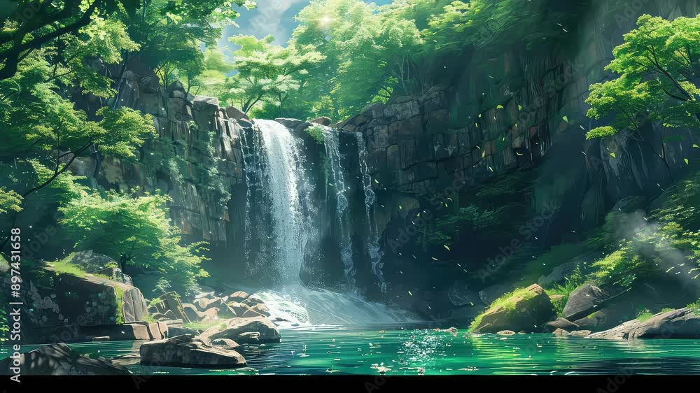Animation Calm waterfall in lush green forest painting generated with ai Animation Calm waterfall in lush green forest painting generated with ai