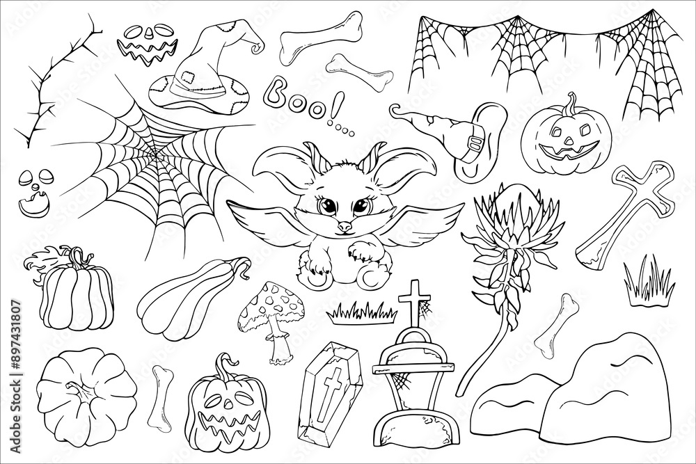 Set of Halloween silhouettes, doodle, graphics character monster, bat, imp. Design of pumpkin, cemetery and spooky elements for Halloween decoration, sketch, badge, sticker. Vector drawing. Set of Halloween silhouettes, doodle, graphics character monster, bat, imp. Design of pumpkin, cemetery and spooky elements for Halloween decoration, sketch, badge, sticker. Vector drawing.