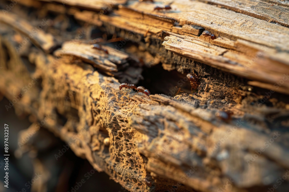 High-Quality Photo of Wooden Beam Infested with Termites Showing Damage and Tunnels, Natural Lighting Highlighting Wood Texture and Termites High-Quality Photo of Wooden Beam Infested with Termites Showing Damage and Tunnels, Natural Lighting Highlighting Wood Texture and Termites