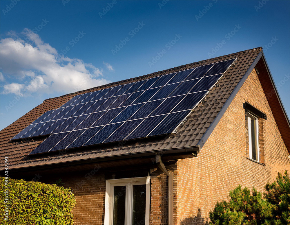 Fototapeta premium Familly house with solar panels on the roof during the day, producing green renewable energy