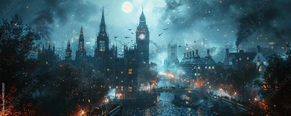 Fototapeta premium Clock tower striking midnight in a gothic city.