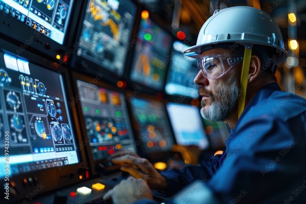 An engineer wearing a hard hat operates in a control room surrounded by multiple screens filled with data and graphics, highlighting a modern industrial setting. An engineer wearing a hard hat operates in a control room surrounded by multiple screens filled with data and graphics, highlighting a modern industrial setting.