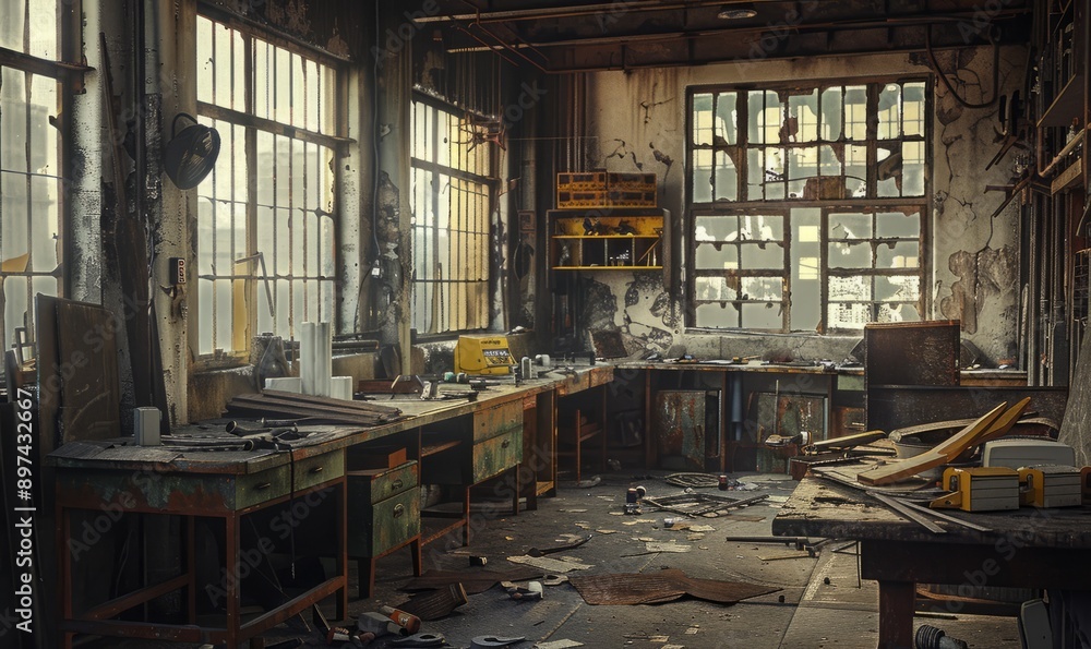 Deserted factory workshop with broken tools and stained workbenches, echoes of labor past Deserted factory workshop with broken tools and stained workbenches, echoes of labor past