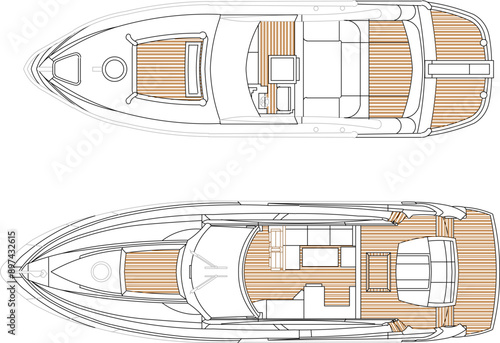 Vector silhouette illustration sketch of detailed design of speed boat yacht transportation vehicle for sailing on rivers and seas 