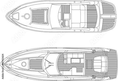 Vector silhouette illustration sketch of detailed design of speed boat yacht transportation vehicle for sailing on rivers and seas 