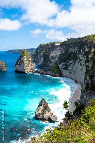 Stunning view of a coastal cliff with turquoise blue ocean and lush greenery, perfect for nature enthusiasts.