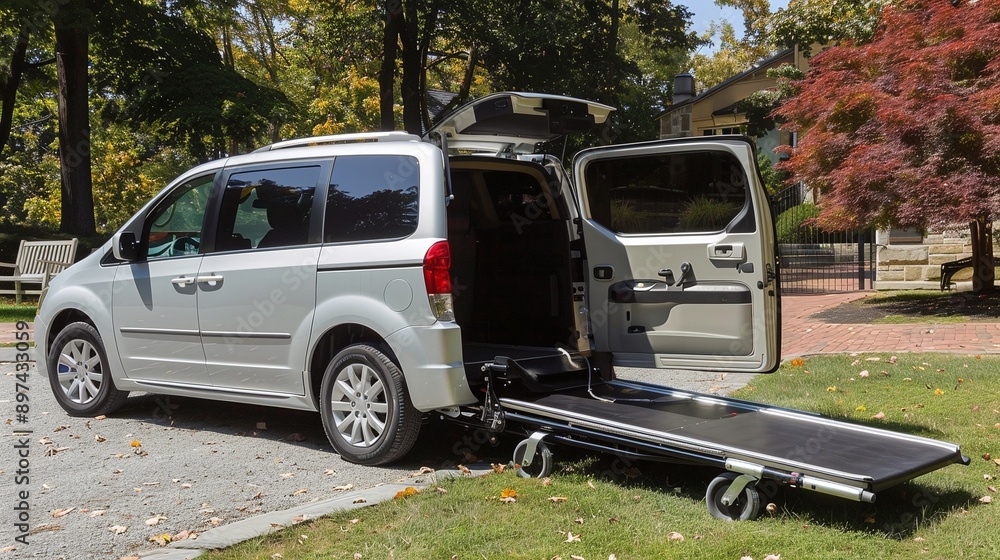 Obraz premium Wheelchair accessible minivan is parked outside with the ramp extended and the side door open