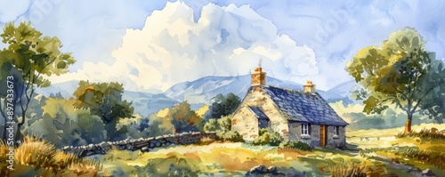 A watercolor painting of a quaint cottage nestled among rolling hills, its stone walls and thatched roof exuding a sense of warmth and charm.