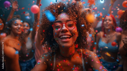 A lively party scene with a woman in the center, surrounded by confetti and joyful people.