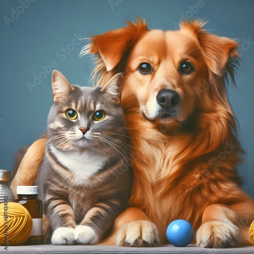 Golden Retriever and Tabby Cat Posing Together © alan