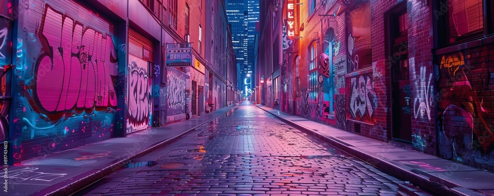 Fototapeta premium Zagadkowa alejka ozdobiona kolorową sztuką uliczną, hiperrealistyczne zdjęcie 4K