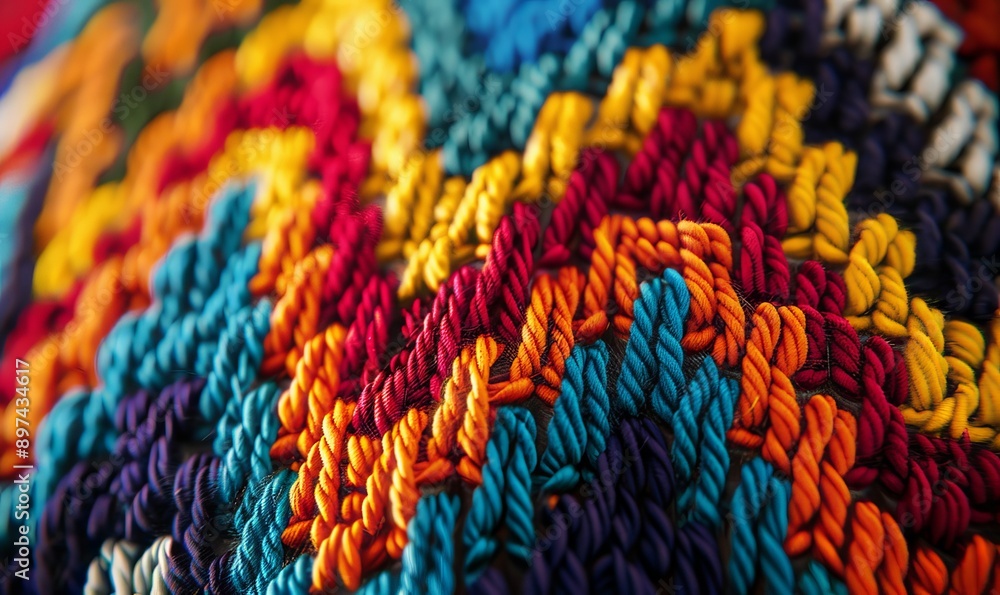 Geometric patterns in knitted fabric, intricate textures and bold colors Geometric patterns in knitted fabric, intricate textures and bold colors