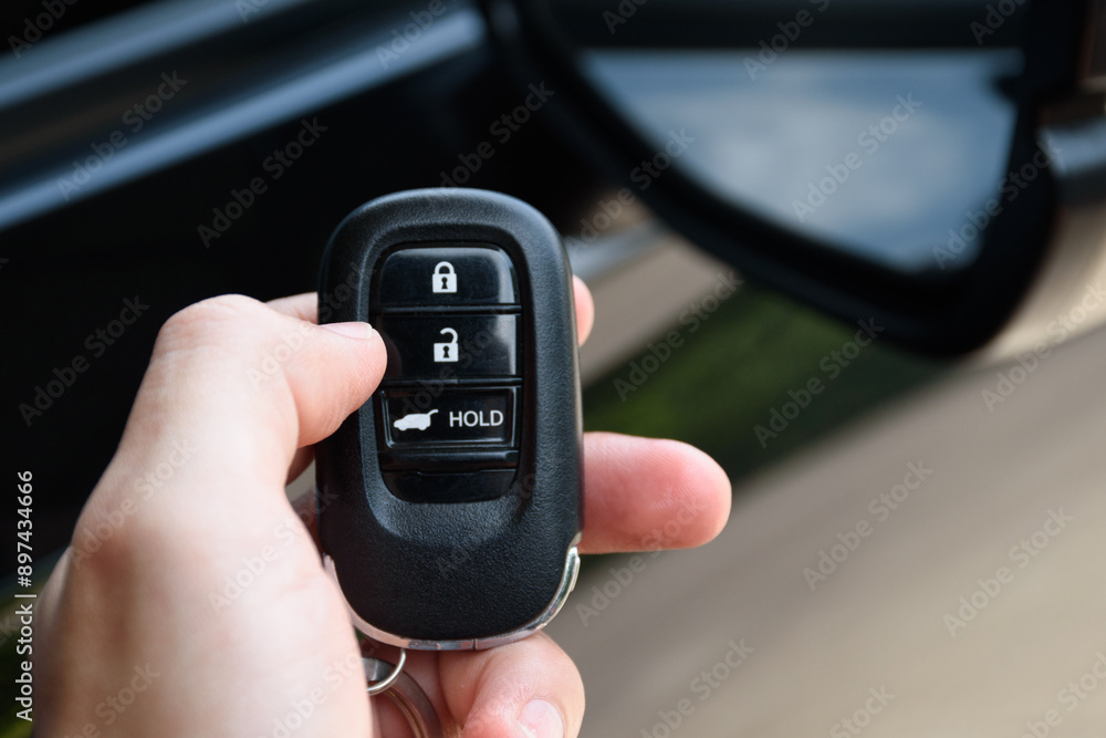 Man holding car remote control and is pressing the car door unlocked button. Close up push the car door unlock button on the modern new car remote. Man holding car remote control and is pressing the car door unlocked button. Close up push the car door unlock button on the modern new car remote.