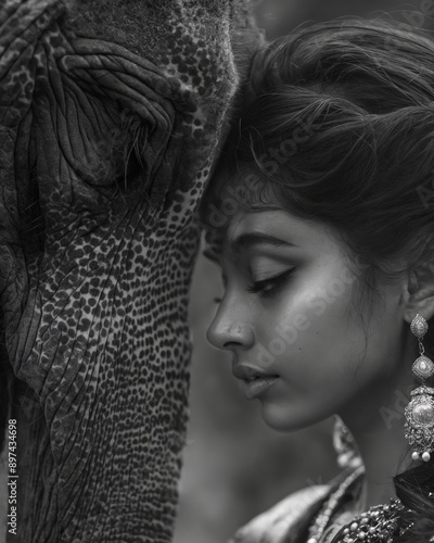 A young woman, adorned in traditional Indian attire, shares a tender moment with an elephant, their connection captured in this captivating image.