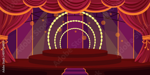 Vector illustration of a beautiful concert stage interior.Cartoon scene of a round stage for a show with rings, stairs, red curtains with orange holders, beams of light. Stage podium.Star performance.