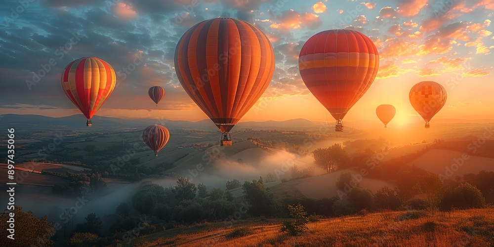 Fototapeta premium Hot air balloons rising at dawn for National Hot Air Balloon Day, August 20th, colorful balloons, picturesque landscape, serene flight