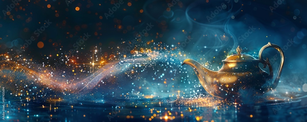 A whimsical teapot pouring a stream of sparkling constellations. A whimsical teapot pouring a stream of sparkling constellations.