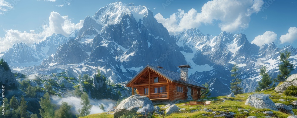 Fototapeta premium Cozy mountain cabin surrounded by snow-capped peaks, 4K hyperrealistic photo