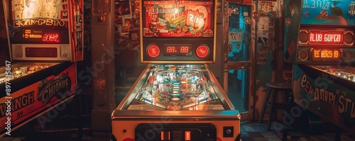 A vintage pinball machine with flashing lights and clanging bells, its addictive gameplay drawing in players of all ages. photo