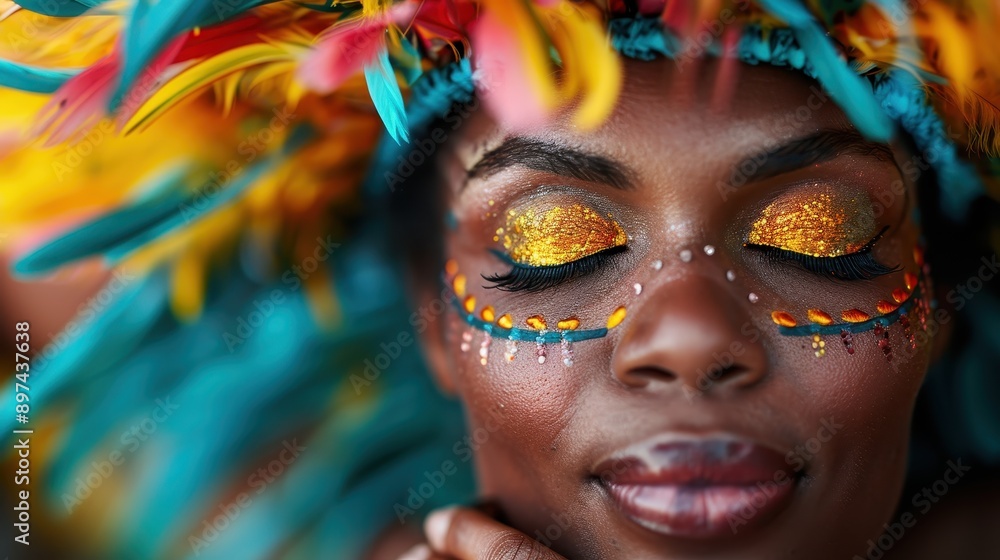 A close-up of a person wearing vibrant, colorful face paint and a headpiece adorned with multicolored feathers, showcasing intricate details and artistic expression. A close-up of a person wearing vibrant, colorful face paint and a headpiece adorned with multicolored feathers, showcasing intricate details and artistic expression.
