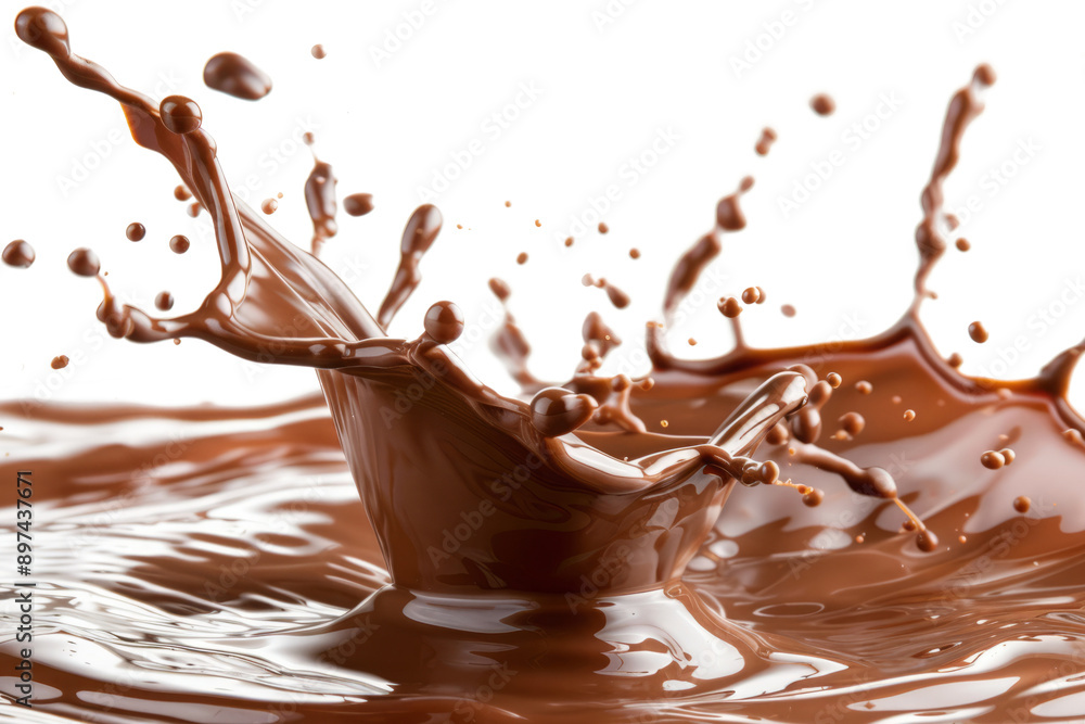 Chocolate splash with droplets flying isolated on transparent background. Liquid melted chocolate or cocoa drip down with pour stream and create a crowns and waves Chocolate splash with droplets flying isolated on transparent background. Liquid melted chocolate or cocoa drip down with pour stream and create a crowns and waves