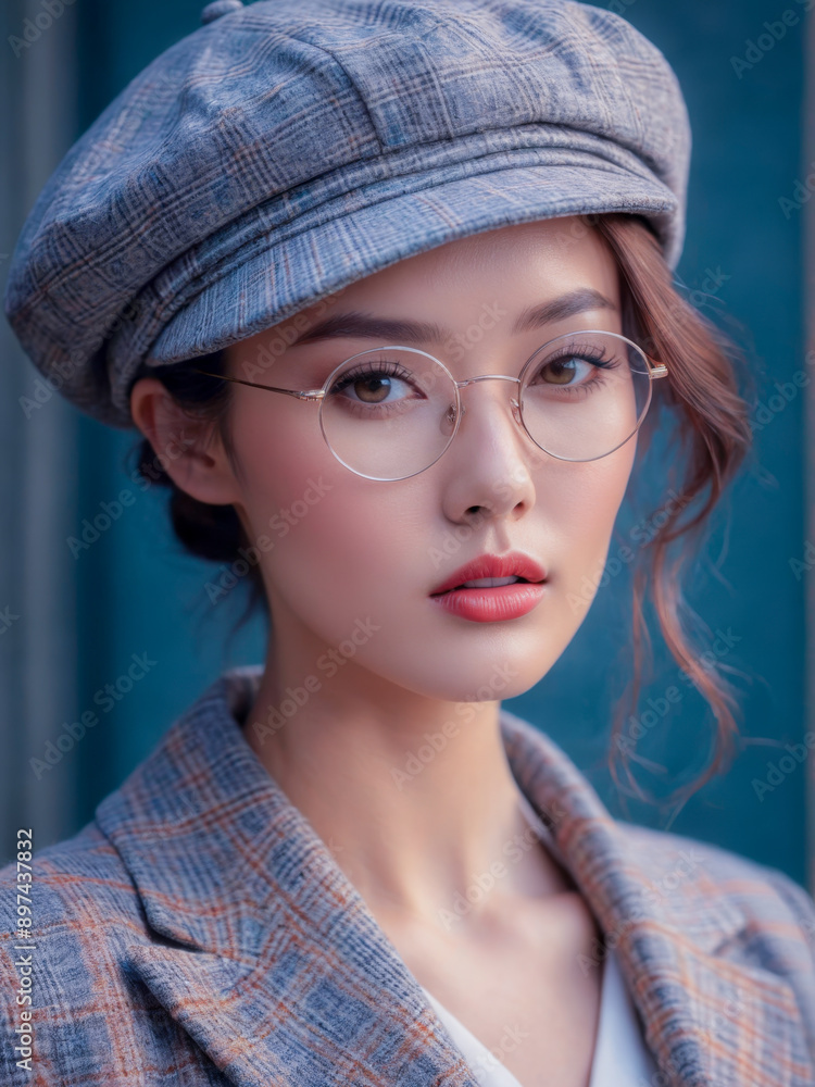 Young woman with a hat and glasses looking at the camera. Young woman with a hat and glasses looking at the camera.