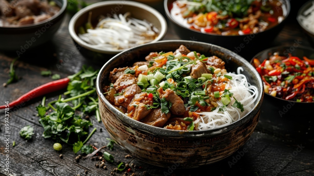 A bowl of savory noodle soup topped with fresh vegetables, herbs, and sliced meats, presented in a rustic setting, highlighting flavorful and traditional Asian culinary delights. A bowl of savory noodle soup topped with fresh vegetables, herbs, and sliced meats, presented in a rustic setting, highlighting flavorful and traditional Asian culinary delights.