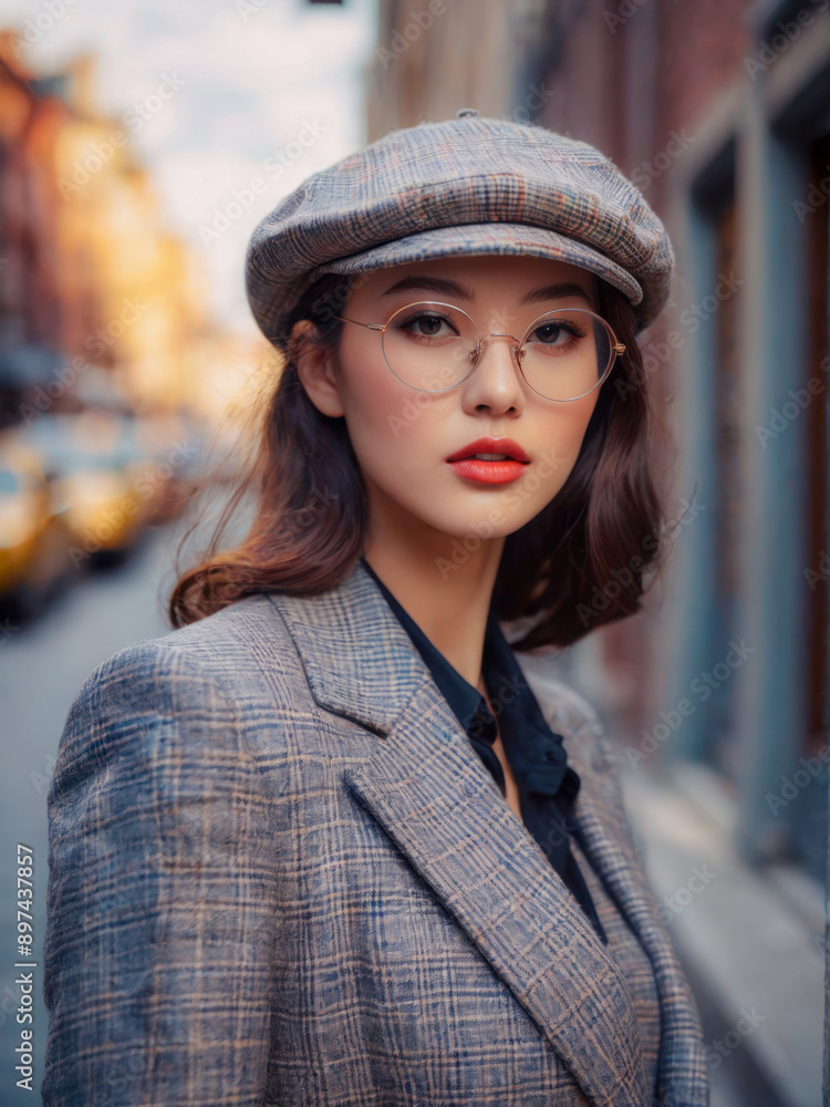 Young woman in a plaid jacket and newsboy cap on a city street. Young woman in a plaid jacket and newsboy cap on a city street.