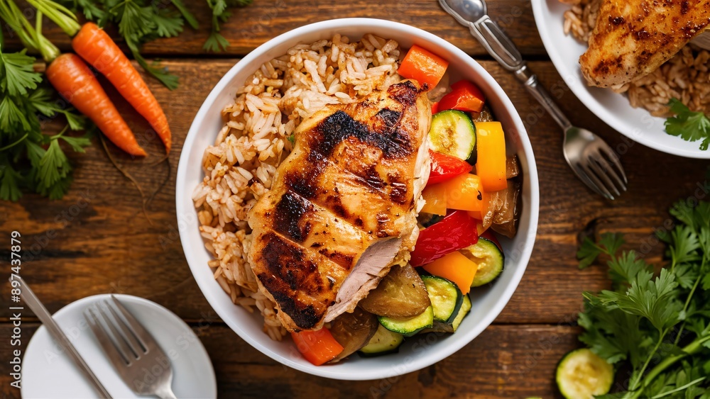 High resolution Healthy grilled chicken breast with brown rice, cherry tomatoes, and broccoli on a wooden table for a nutritious meal. High resolution Healthy grilled chicken breast with brown rice, cherry tomatoes, and broccoli on a wooden table for a nutritious meal.